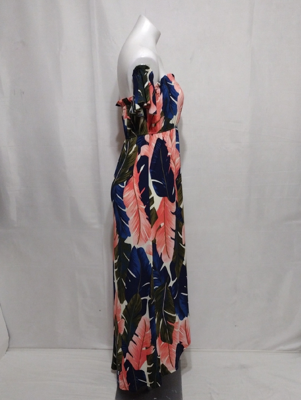 Venus Tropical Leaf Print Off Shoulder High Low Maxi Dress M Resort Vacation - Picture 9 of 16